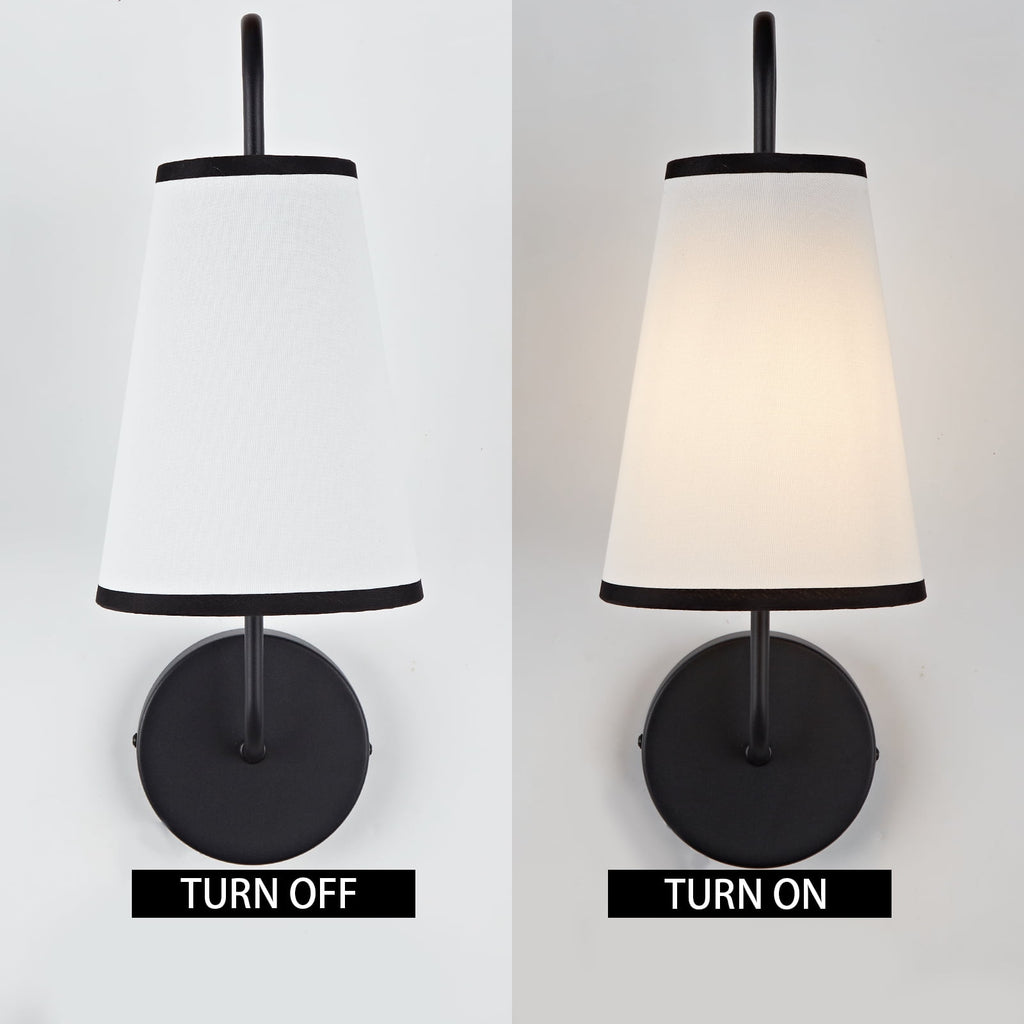 Minimal Elegant Black Sconce, Modern White Linen Shade Sconce for Bedroom, Living Room, Bathroom