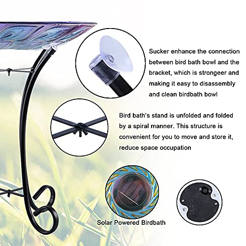 MUMTOP Outdoor Glass Bird Bath Solar Birdbaths with Metal Stand for Lawn Yard Garden Peacock Decor,18” Dia 21.65” Height