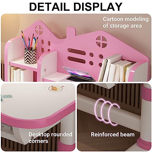 Kids Study Desk and Chair Set Children Desk, Height Adjustable Children's Desk and Chair School Study Table Chair with Drawer Shelf Desk for Bedroom Classroom with Cartoon Pattern (Pink)