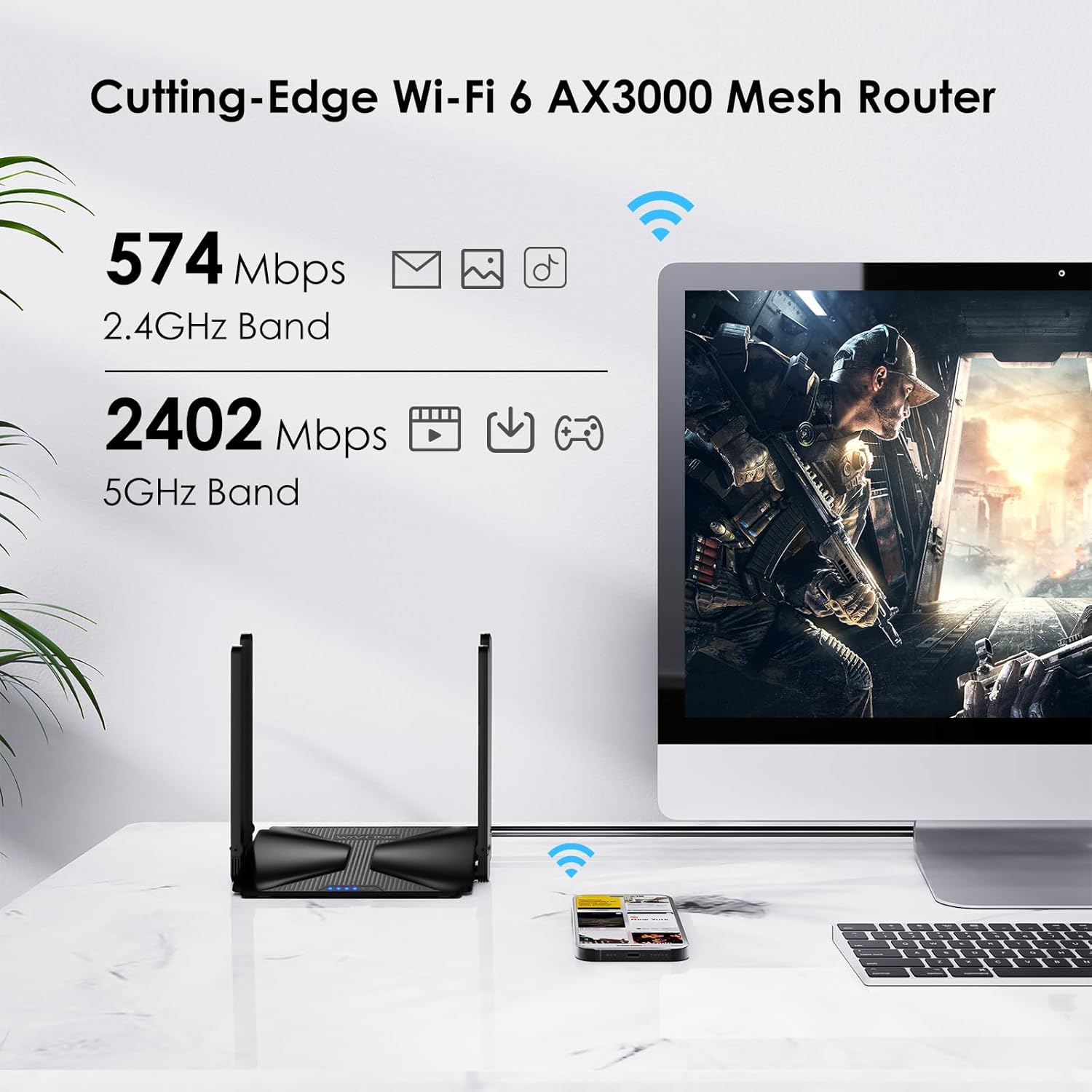 WiFi 6 Router AX3000 Wireless Internet High Speed Smart Router with 5dBi High-gain Antennas, Dual Band Gigabit Computer Router Mesh Support for Homes up to 3000 Sq. ft, VPN, Parental Control